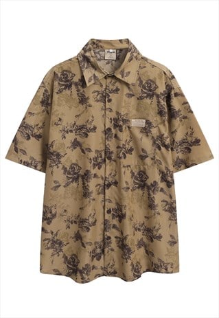 Retro floral shirt short sleeve flower print top in brown