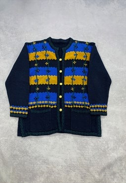 Vintage Knitted Cardigan 3D Embroidered Flower Pattern Knit