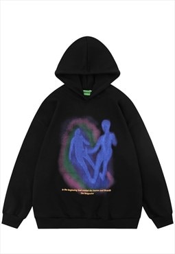 Thermal print hoodie psychedelic pullover grunge top black