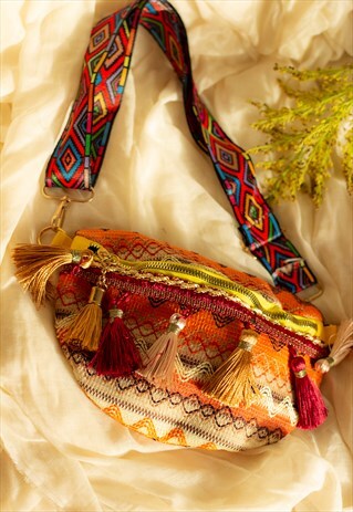 ORANGE TONES EMBROIDERED TASSEL COLOURFUL BUM BAG