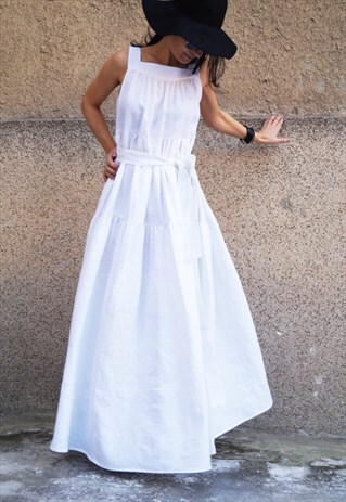 WHITE LINEN DRESS WHITE KAFTAN ASYMMETRICAL TUNIC F1671
