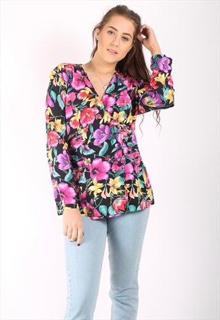 VINTAGE 80S DOUBLE BREASTED BLOUSE IN PINK FLORAL PATTERN