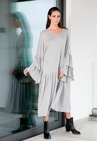 GREY MAXI DRESS/ RUFFLE DRESS/ FALL MAXI DRESS / CASUAL DRES