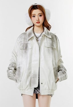 Oil wash biker jacket Faux leather racing jacket in white