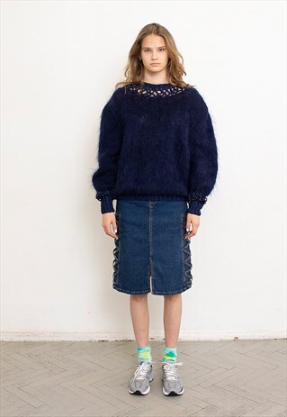 VINTAGE WOOL SWEATER FUZZY BLUE JUMPER CROCHET 90S