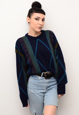 VINTAGE 90'S GRUNGE INDIE ABSTRACT PATTERNED CHUNKY JUMPER