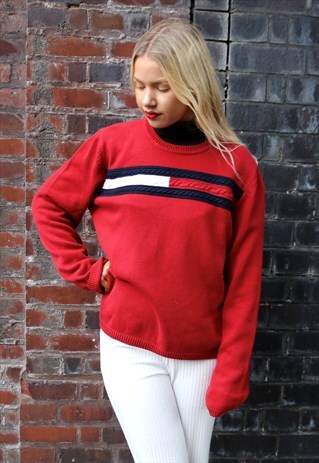 RED TOMMY HILFIGER FLAG LOGO KNITTED SWEAT