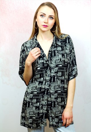 1990S VINTAGE BLACK WITH CREAM AZTEC PRINT BLOUSE