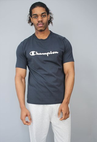 VINTAGE CHAMPION BLUE SPELLOUT CREW NECK T-SHIRT