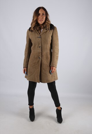 VINTAGE SHEEPSKIN SUEDE SHEARLING COAT SHORT MID UK 8 (J2D)