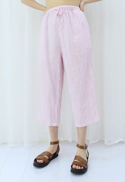 90s Vintage Pink Gingham Check Trousers (Size M-L)