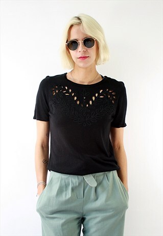 VINTAGE 90'S BLACK BLOUSE WITH CUT PATTERN ON THE CHEST