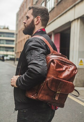 TEXTURED BROWN LEATHER OFFICE WORK BACKPACK