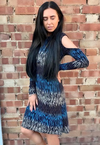 JANE NORMAN BLUE LUREX GLITTER COLD SHOULDER DRESS