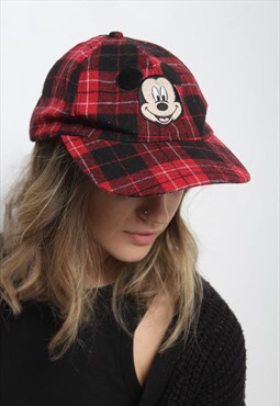 Vintage Mickey Mouse Check Baseball Cap Hat Red