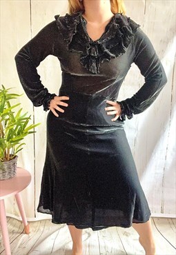 Vintage Black Glitter Sheer Ruffle 90's Midi Dress