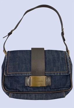00s Mid Wash Blue Denim Brown Shoulder Bag