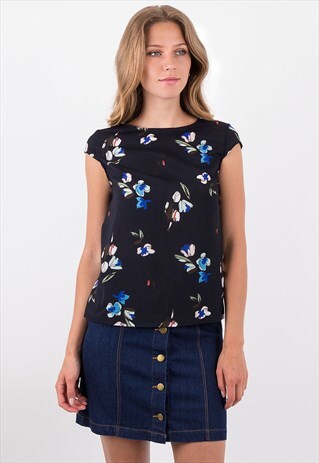 NAVY CREW NECK FLORAL PRINT CAP SLEEVE TOP
