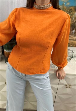 Vintage 50s Mod embellished blouse top orange
