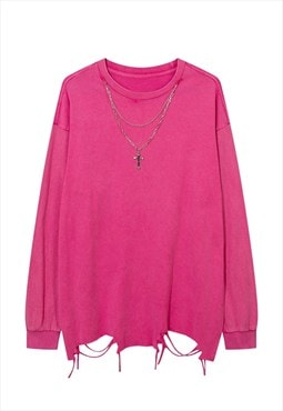 Distressed long sleeve t-shirt chain attachment top in pink