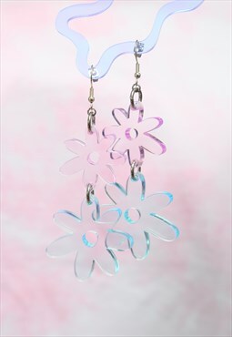 Flower power double drop hook earrings in pink & blue tint