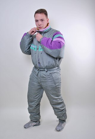 80S GRAY VINTAGE SKI SUIT, HOODED SNOW SUIT WITH EMBROIDERY