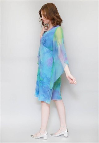 VINTAGE 1970'S BLUE & GREEN BELL SLEEVE MINI DRESS