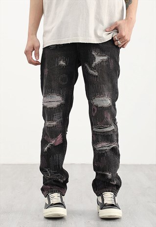 BLACK WASHED DISTRESSED DENIM JEANS PANTS TROUSERS