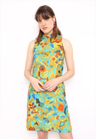 VINTAGE 60S MULTICOLOURED GRAPHIC PRINT SMOCK MINI DRESS