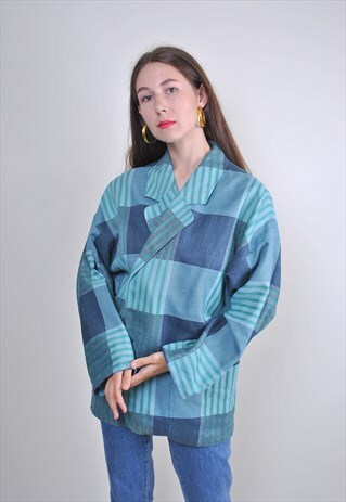 VINTAGE COLORFUL BLUE PALID PARTY BLAZER, SIZE L