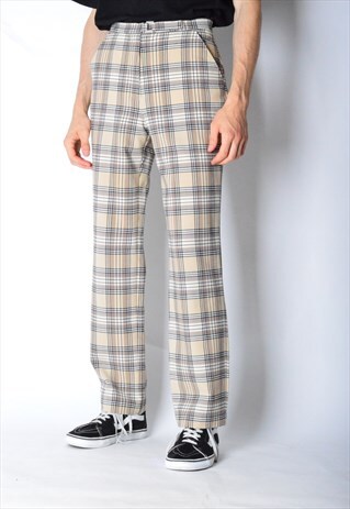 VINTAGE 90S UNISEX BEIGE CHECK WOOL BLEND PANTS
