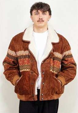 Vintage 80's Men Aztec Bomber Jacket in Brown