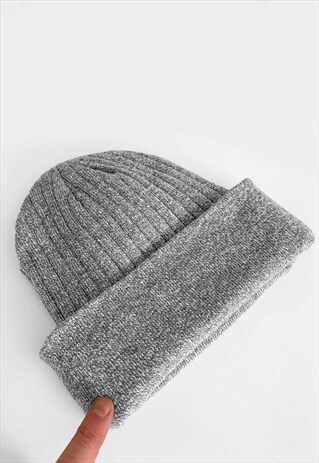 TURN UP THINSULATE LINED RIBBED BEANIE HAT - HEATHER GREY