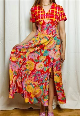 Vintage Red Floral Patterned Maxi Dress (Up to a 12/14)