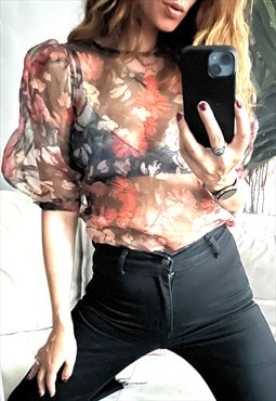 See Through retro floral Blouse - S - XS