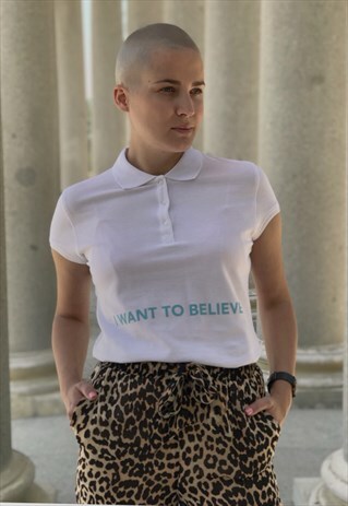 I WANT TO BELIEVE SLOGAN WHITE COTTON POLO SHIRT