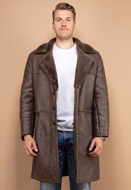 Vintage 70's Men Sheepskin Leather Coat in Brown