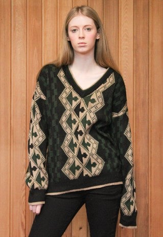 VINTAGE 1980S GREEN AND BEIGE PATTERNED JUMPER