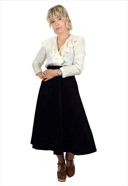 Vintage 60s Black Velvet Skirt Mod High Rise Midi Circle 