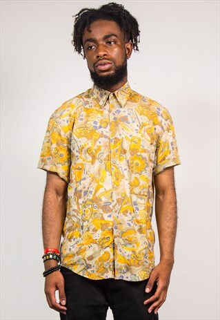 VTG 90'S YELLOW WAVEY PATTERN FESTIVAL SHORT SLEEVE SHIRT
