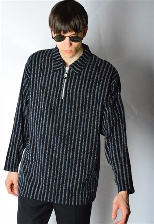 VINTAGE 90S BLACK NAVY STRIPED GRUNGE ZIPPER SHIRT