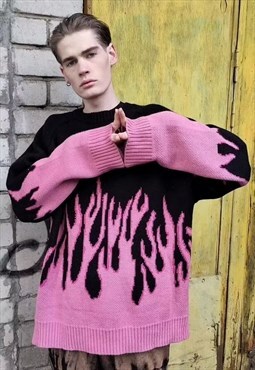 Flame knitwear sweater Korean top fire burning jumper pink