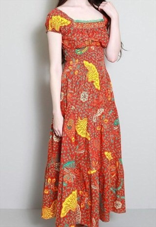VINTAGE 1970'S RED PAISLEY PRINT BOHO STYLE MAXI DRESS