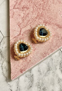 90s Gold & Blue Heart Earrings Statement Vintage Jewellery 