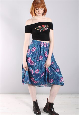 VINTAGE 80S FLORAL PLEATED SHINY MIDI SKIRT