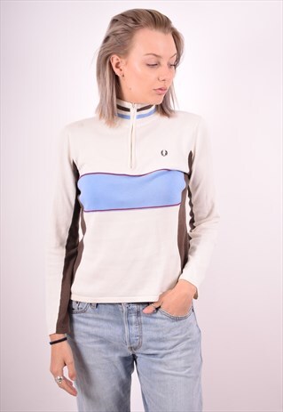 FRED PERRY WOMENS VINTAGE JUMPER SWEATER SMALL WHITE 90S