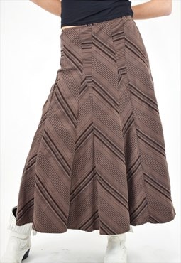 Vintage Y2K Pleated Midi Skirt in Brown Pinstripe 