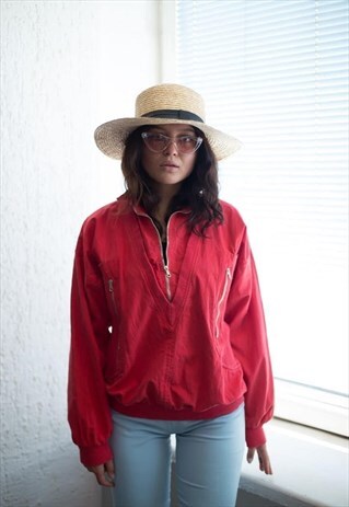 VINTAGE 80'S RED WASHED HIGH COLLAR COTTON JUMPER