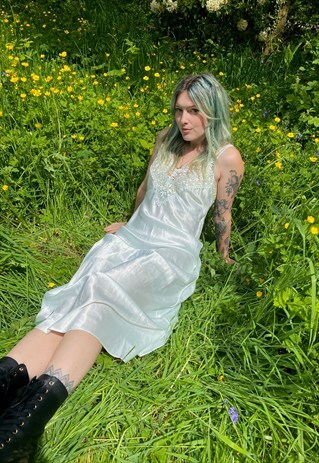 VINTAGE 90S SATIN FLORAL LACE MAXI SUMMER SLIP DRESS