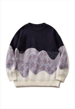 Landscape print sweater fluffy jumper color block pullover